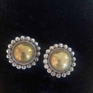 Vintage Mexican Sterling Silver and Bronze Clip-On Dome Earrings
